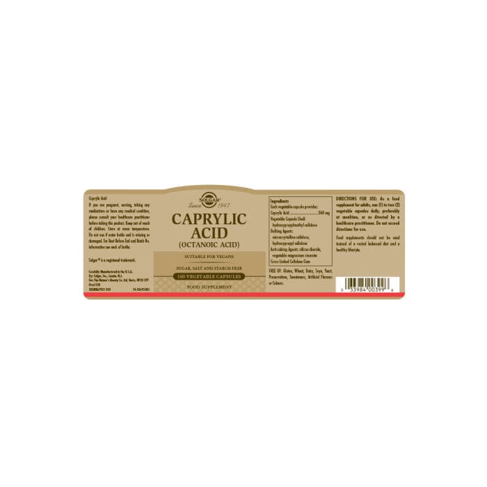 Caprylic Acid (Octanoic Acid) Vegatable Capsules - Pack of 100 Solgar