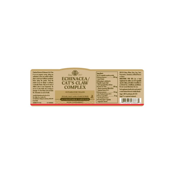 Echinacea/ Cat's Claw Complex Vegetable Capsules- Pack of 30 Solgar
