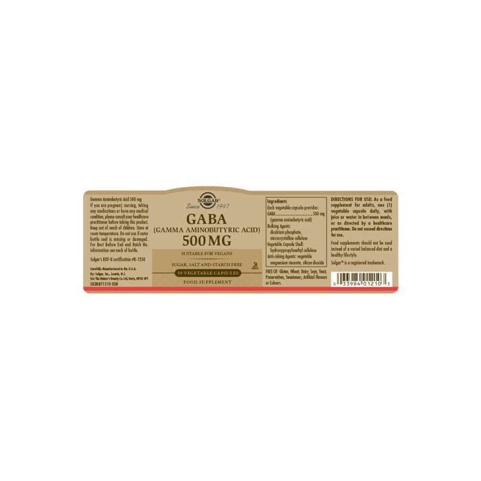 GABA (Gamma Aminobutyric Acid) 500 mg Vegatbale Capsules - Pack of 50 Solgar