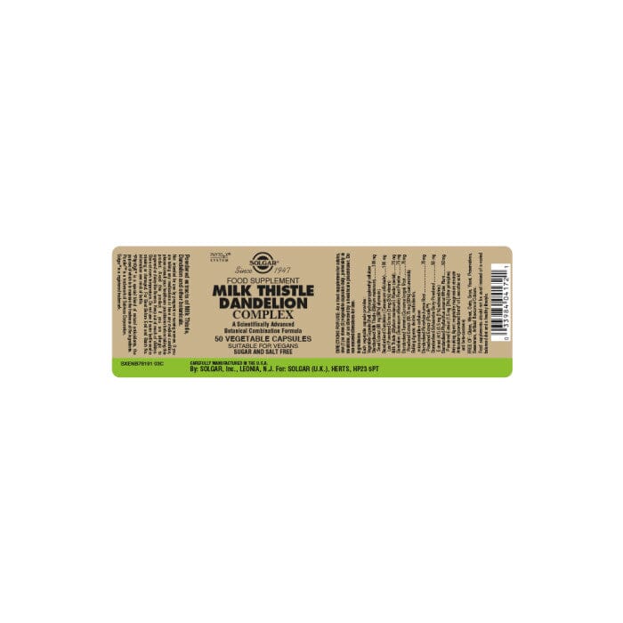Milk Thistle Dandelion Complex Vegatbale Capsules - Pack of 50 Solgar