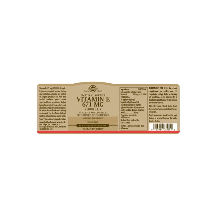 Natural Source Vitamin E 671 mg (1000 IU) Vegetable Softgels - Pack of 50 Solgar