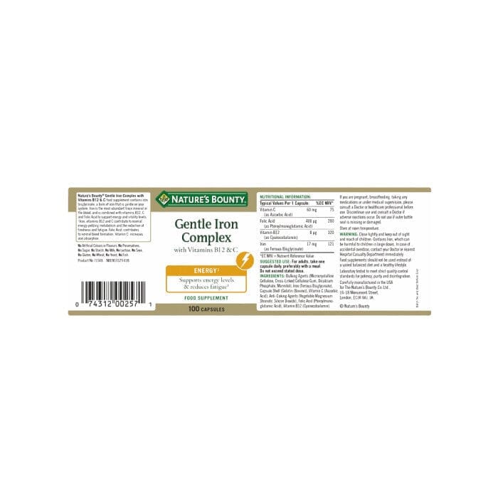 Nature's Bounty® Gentle Iron Complex with Vitamins B12 and C Capsules - Pack of 100 Capsules Nature's Bounty