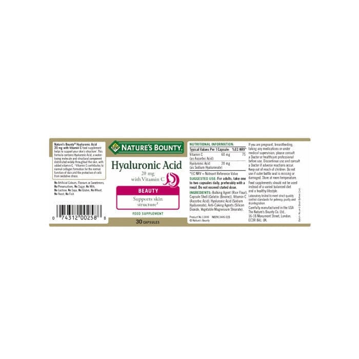 Nature's Bounty® Hyaluronic Acid 20 mg with Vitamin C Capsules - Pack of 30 Capsules Nature's Bounty