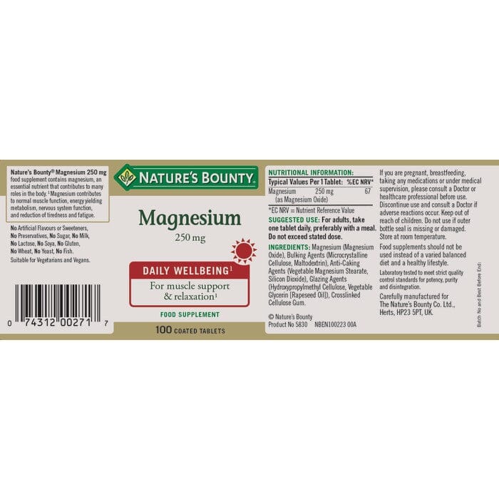 Nature's Bounty® Magnesium 250 mg Tablets - Pack of 100 Tablets Nature's Bounty