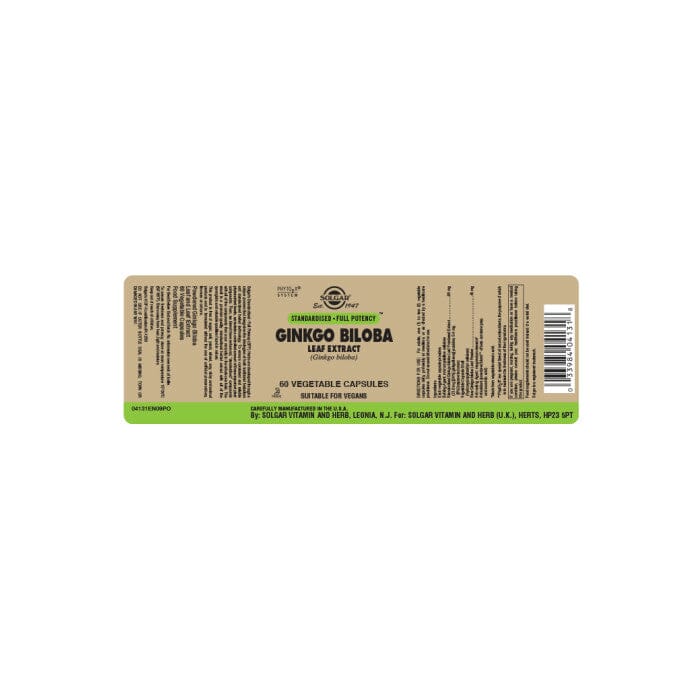 SFP Ginkgo Biloba Leaf Extract Vegatable Capsules - Pack of 60 Solgar