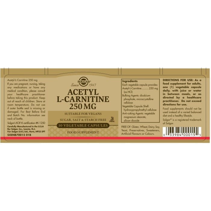 Solgar® Acetyl-L-Carnitine 250 mg Vegetable Capsules - Pack of 30 Solgar