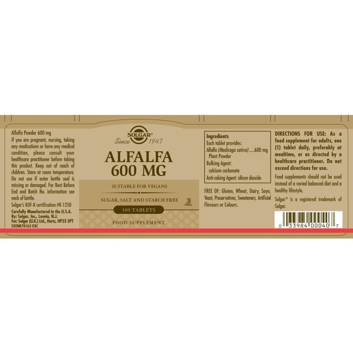 Solgar® Alfalfa 600 mg Tablets - Pack of 100 Solgar