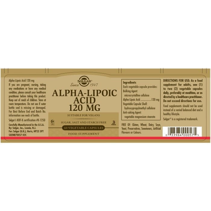 Solgar® Alpha-Lipoic Acid 120 mg Vegetable Capsules - Pack of 60 Solgar