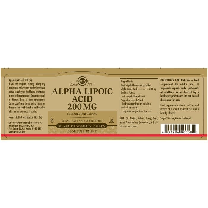 Solgar® Alpha-Lipoic Acid 200 mg Vegetable Capsules - Pack of 50 Solgar