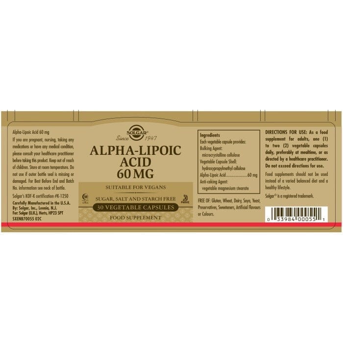 Solgar® Alpha-Lipoic Acid 60 mg Vegetable Capsules - Pack of 30 Solgar