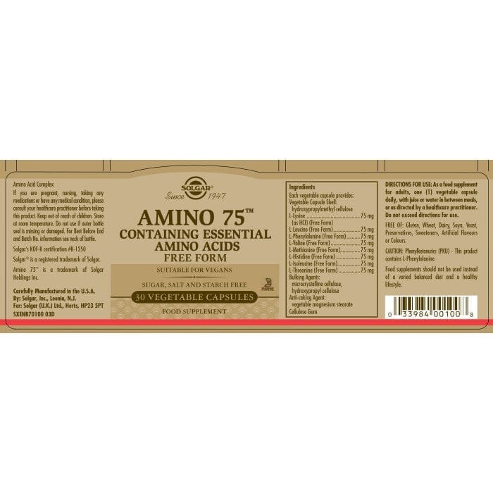Solgar® Amino 75 Essential Amino Acids Vegetable Capsules - Pack of 30 Solgar