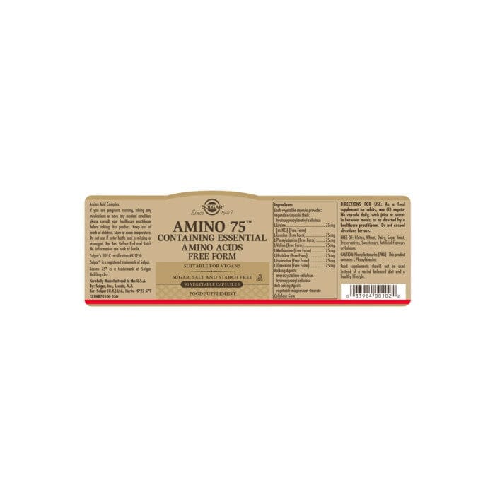 Solgar® Amino 75 Essential Amino Acids Vegetable Capsules - Pack of 90 Solgar