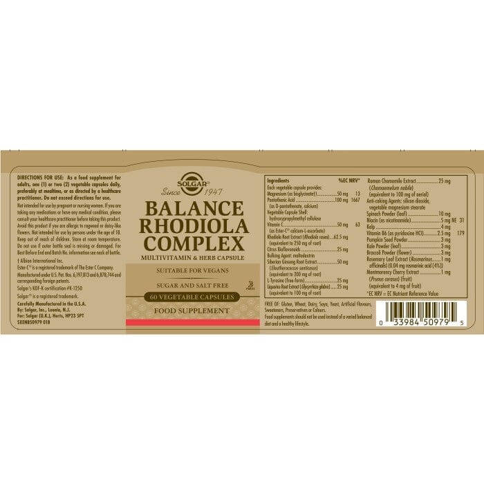Solgar® Balance Rhodiola Complex Vegetable Capsules - Pack of 60 Solgar