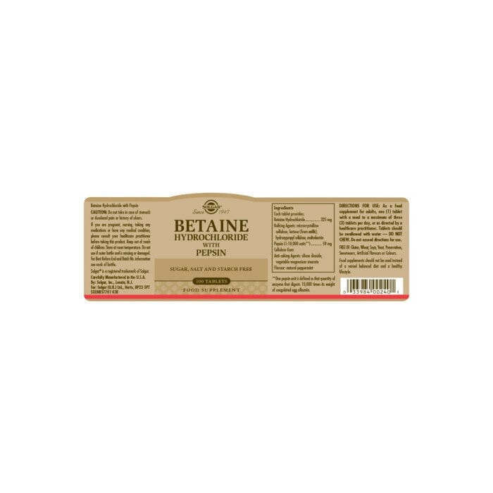 Solgar® Betaine Hydrochloride with Pepsin Tablets - Pack of 100 Solgar