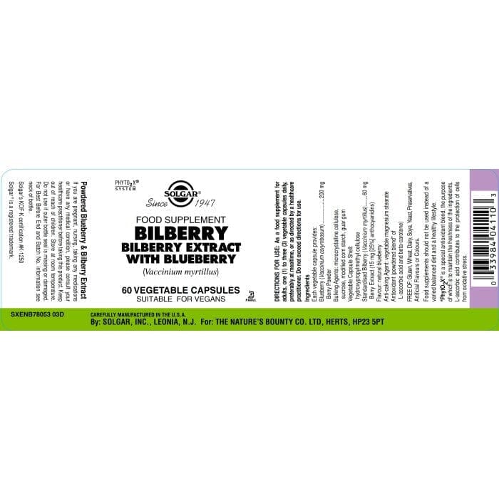 Solgar® Bilberry Berry Extract with Blueberry Vegetable Capsules - Pack of 60 Solgar