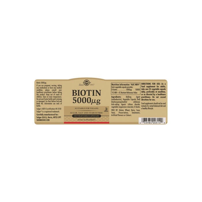 Solgar® Biotin 5000 μg Vegetable Capsules - Pack of 100 Solgar