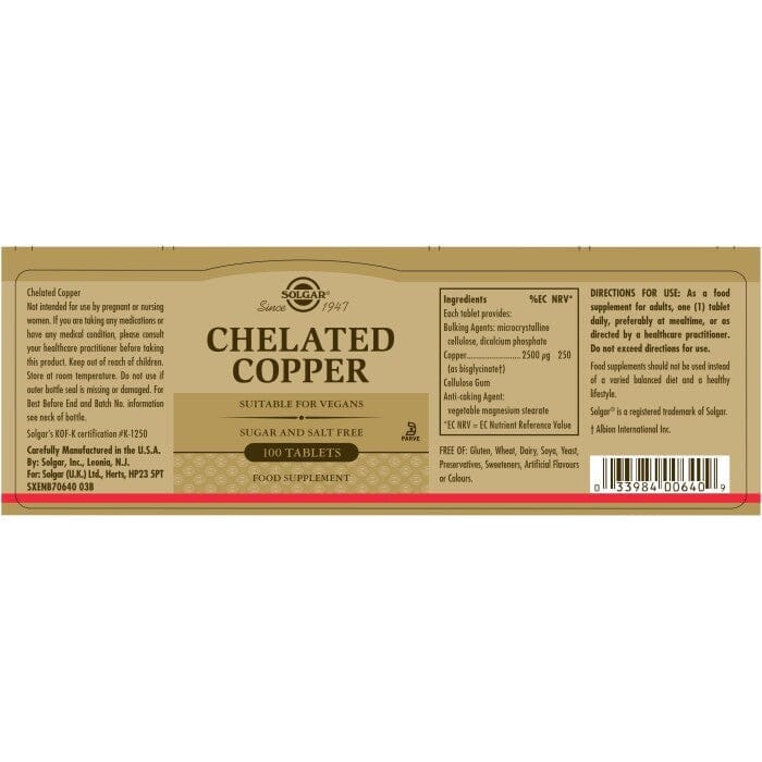 Solgar® Chelated Copper Tablets - Pack of 100 Solgar