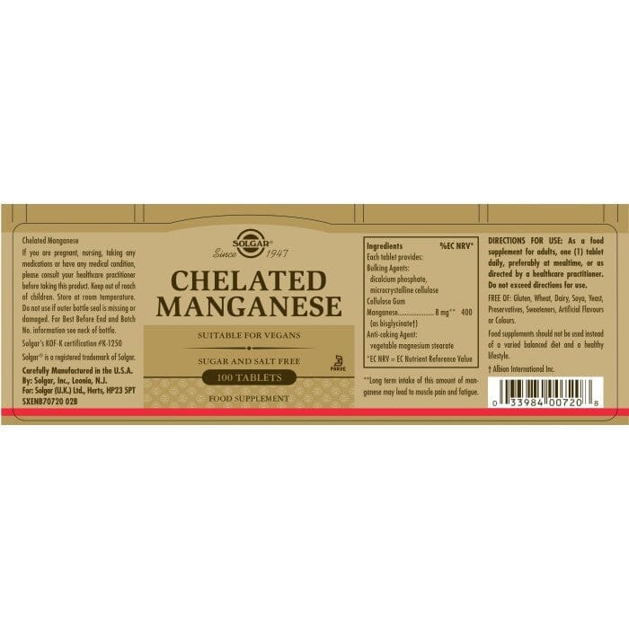 Solgar® Chelated Manganese Tablets - Pack of 100 Solgar