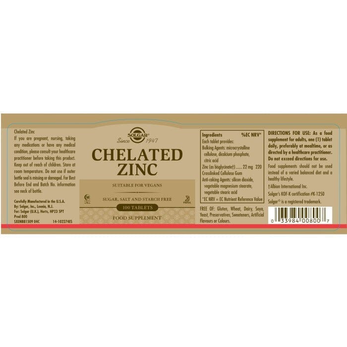 Solgar® Chelated Zinc Tablets - Pack of 100 Solgar