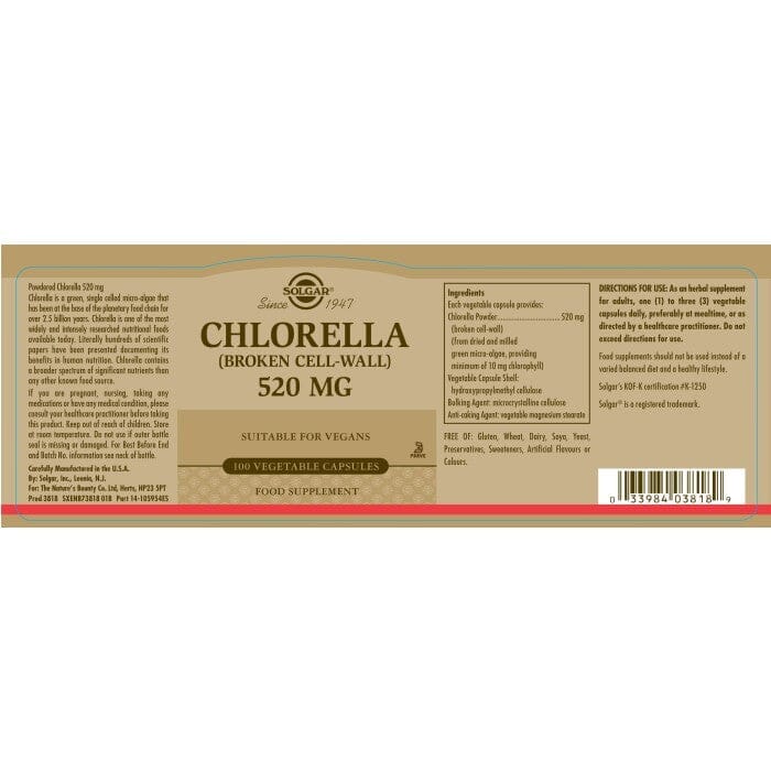 Solgar® Chlorella 520 mg Vegetable Capsules - Pack of 100 Solgar