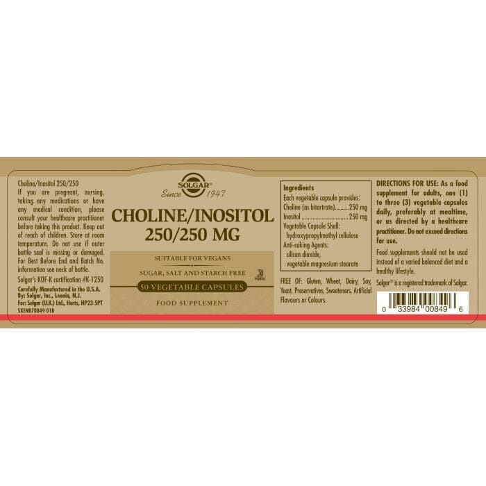 Solgar® Choline 250 mg / Inositol 250 mg Vegetable Capsules - Pack of 50 Solgar