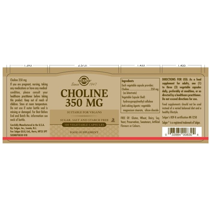 Solgar® Choline 350 mg Vegetable Capsules - Pack of 100 Solgar