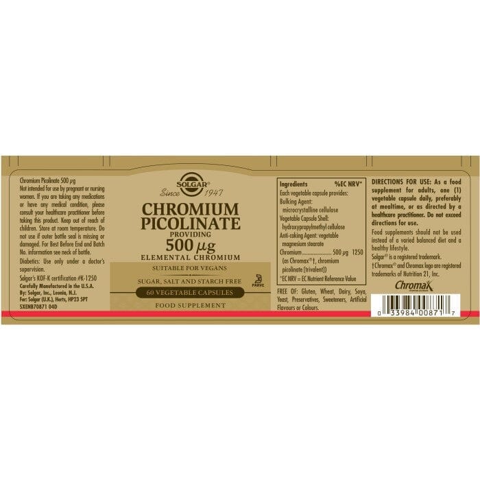 Solgar® Chromium Picolinate 500 µg Vegetable Capsules - Pack of 60 Solgar