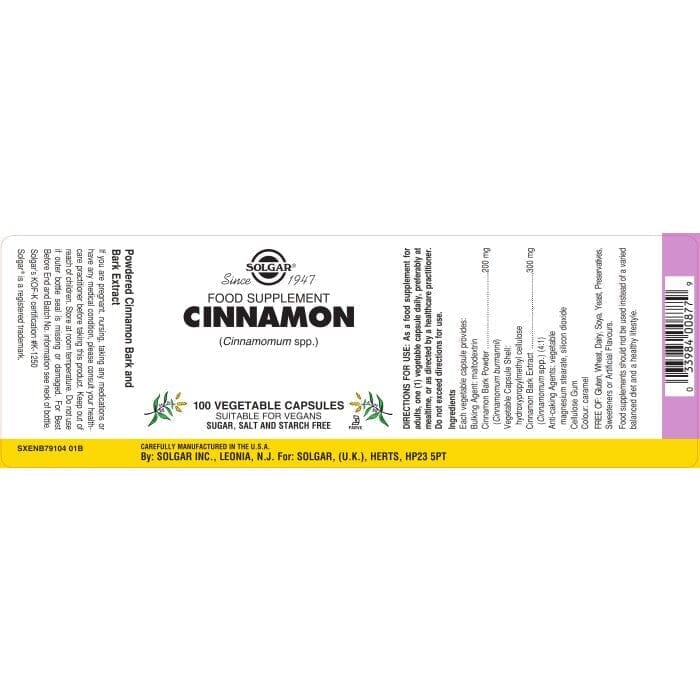 Solgar® Cinnamon Vegetable Capsules - Pack of 100 Solgar