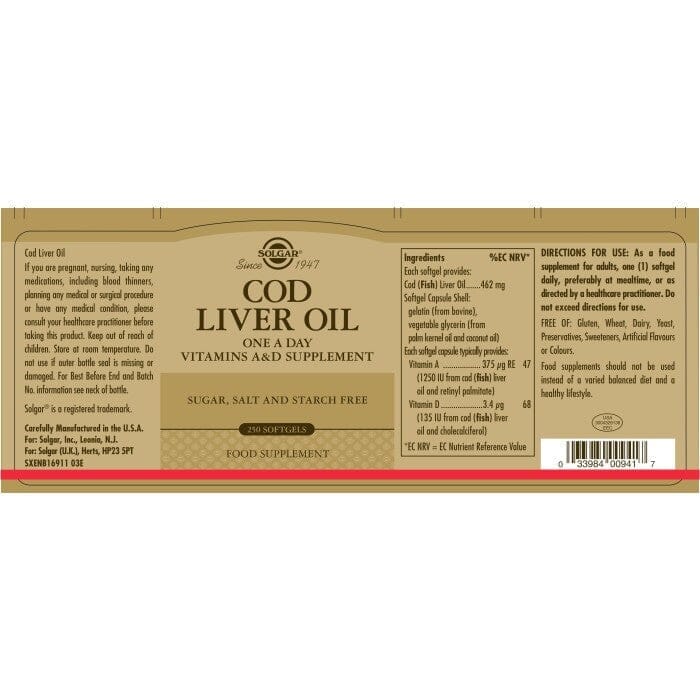 Solgar® Cod Liver Oil Softgels - Pack of 250 Solgar