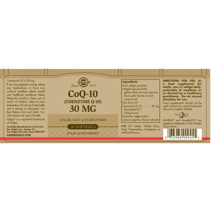 Solgar® CoQ-10 (Coenzyme Q-10) 30 mg Softgels - Pack of 30 Solgar