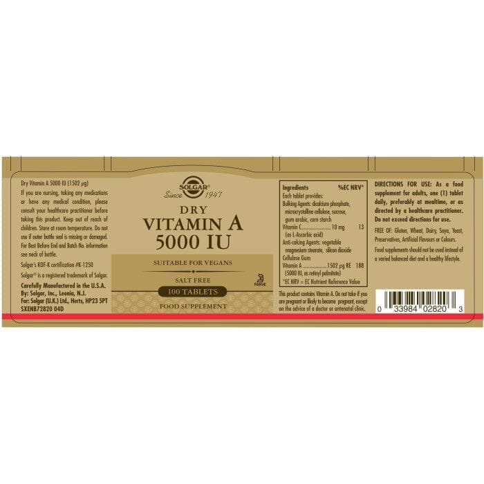 Solgar® Dry Vitamin A 5000 IU Tablets - Pack of 100 Solgar