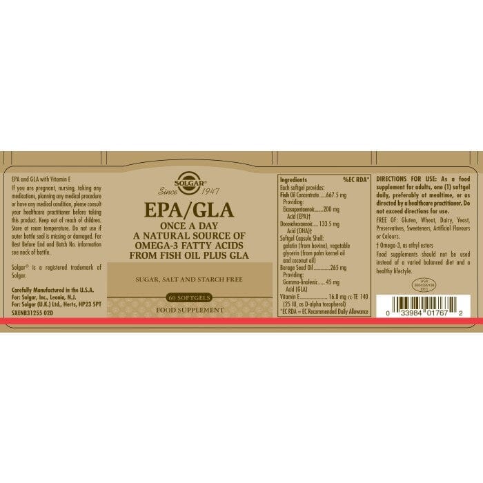 Solgar® EPA/GLA Softgels - Pack of 60 Solgar