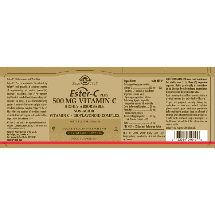 Solgar® Ester-C Plus 500 mg Vitamin C Vegetable Capsules - Pack of 250 Solgar