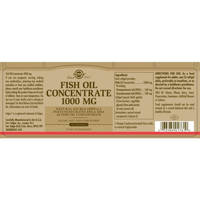 Solgar® Fish Oil Concentrate 1000 mg Softgels - Pack of 120 Solgar