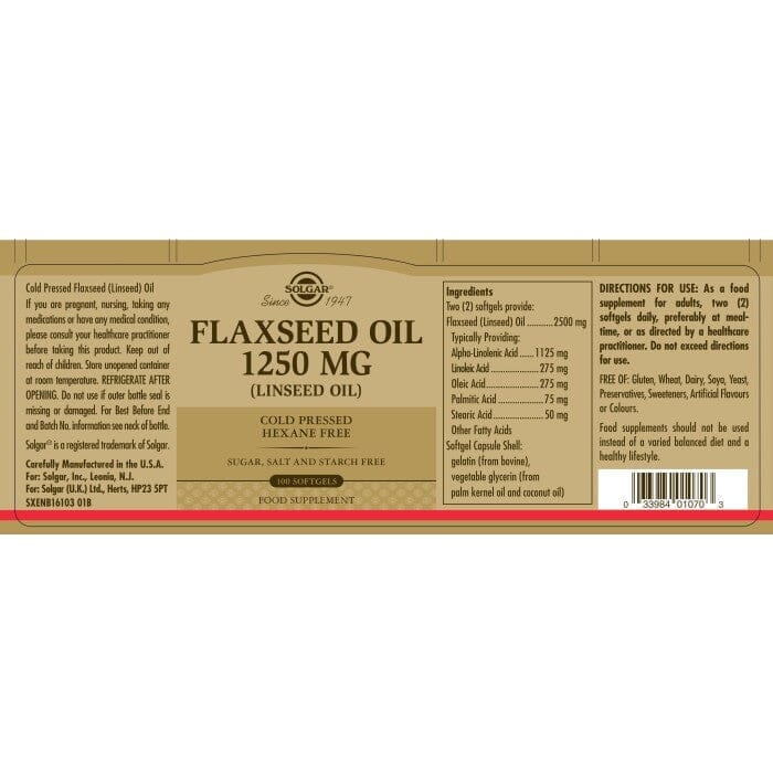 Solgar® Flaxseed Oil 1250 mg Softgels - Pack of 100 Solgar
