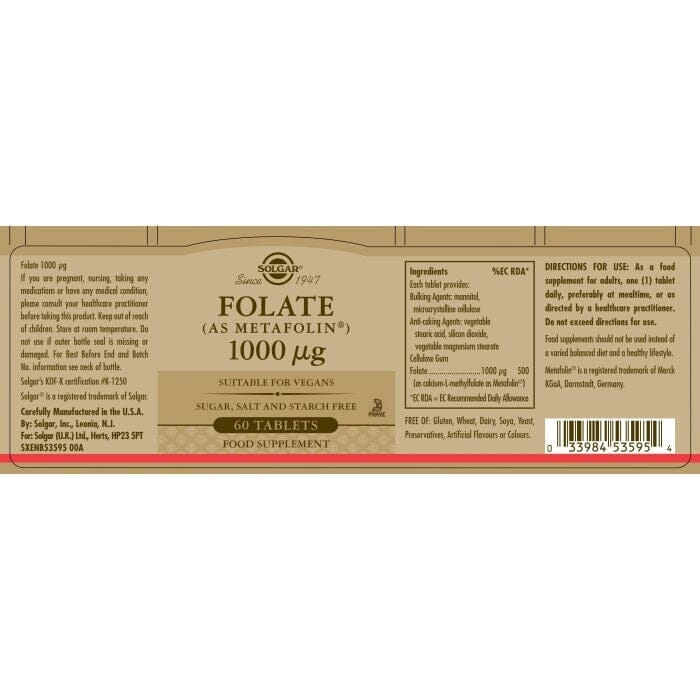 Solgar® Folate (as Metafolin) 1000 µg Tablets - Pack of 60 Solgar