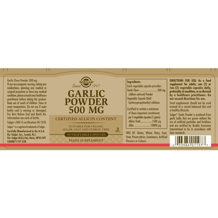 Solgar® Garlic Powder 500 mg Vegetable Capsules - Pack of 90 Solgar