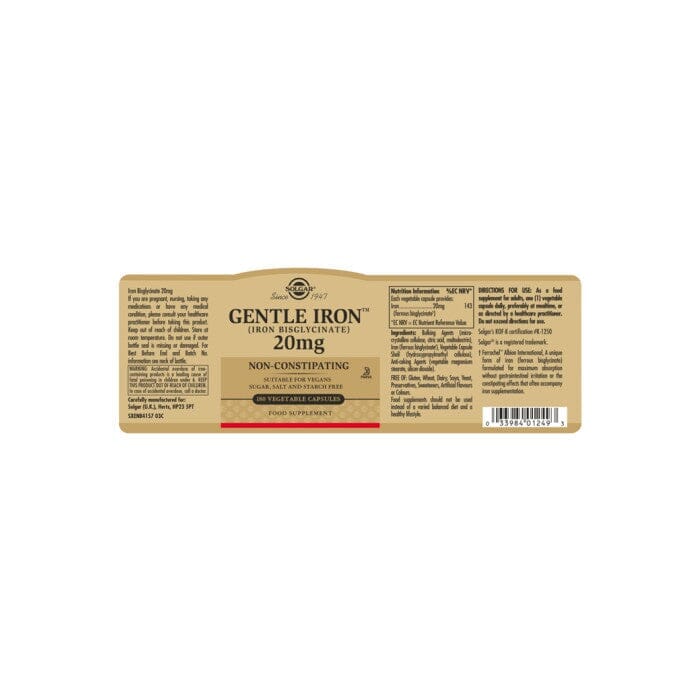 Solgar® Gentle Iron (Iron Bisglycinate) 20 mg Vegetable Capsules - Pack of 180 Solgar