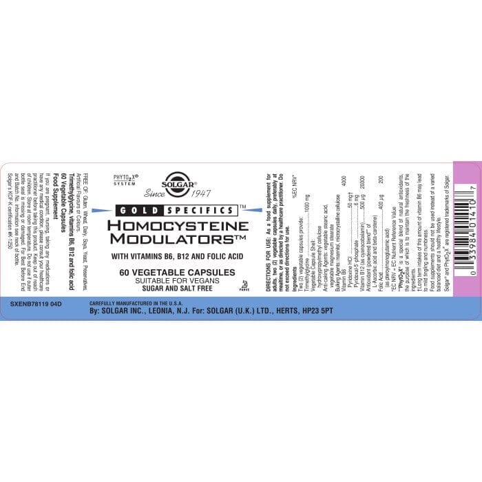 Solgar® Gold Specifics Homocysteine Modulators Vegetable Capsules - Pack of 60 Solgar