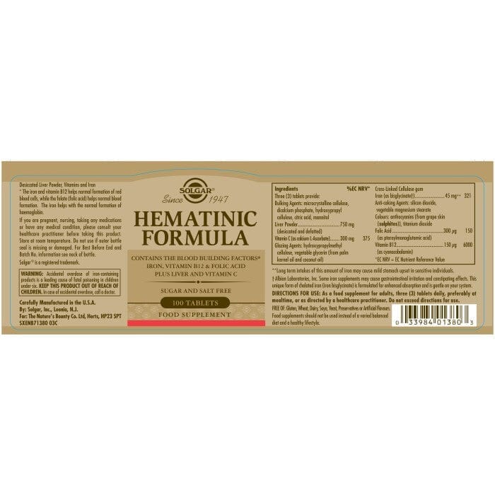 Solgar® Hematinic Formula Tablets - Pack of 100 Solgar