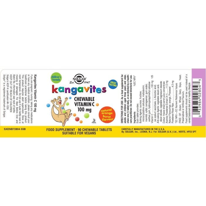 Solgar® Kangavites Natural Orange Burst Vitamin C 100 mg Chewable Tablets - Pack of 90 Solgar