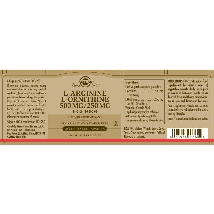 Solgar® L-Arginine 500 mg / L-Ornithine 250 mg Vegetable Capsules - Pack of 50 Solgar