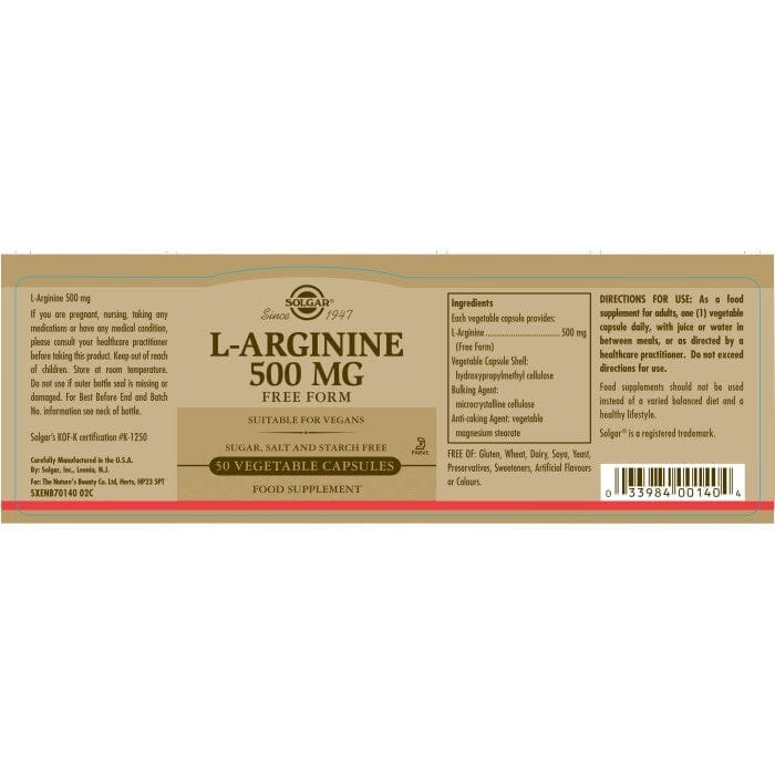 Solgar® L-Arginine 500 mg Vegetable Capsules - Pack of 50 Solgar