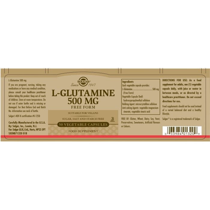 Solgar® L-Glutamine 500 mg Vegetable Capsules - Pack of 50 Solgar