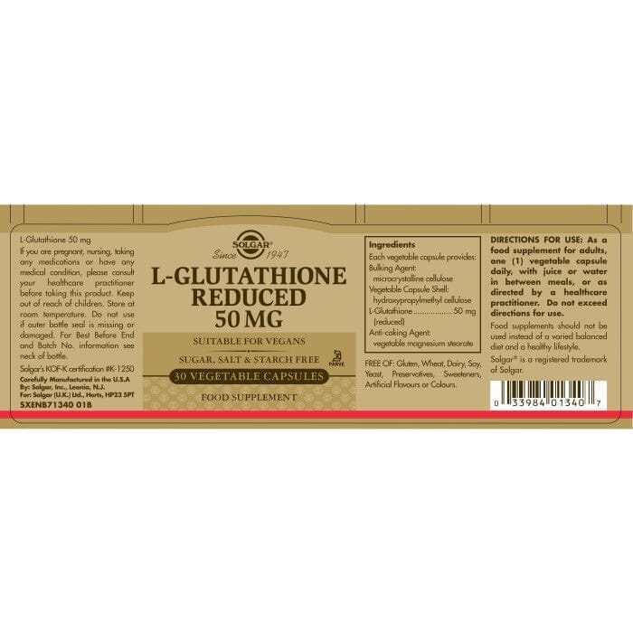 Solgar® L-Glutathione Reduced 50 mg Vegetable Capsules - Pack of 30 Solgar