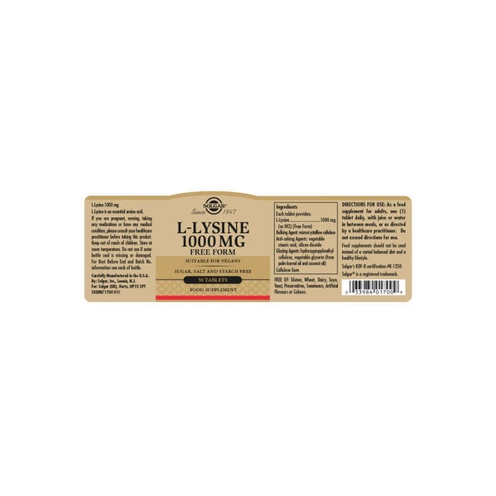 Solgar® L-Lysine 1000 mg Tablets - Pack of 50 Solgar