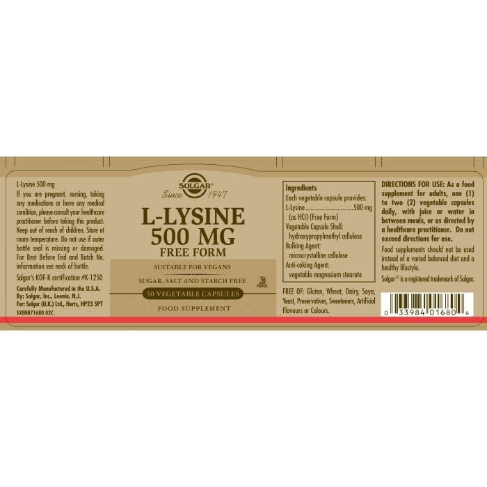 Solgar® L-Lysine 500 mg Vegetable Capsules - Pack of 50 Solgar