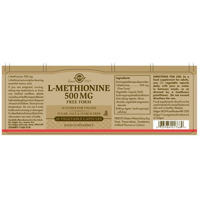 Solgar® L-Methionine 500 mg Vegetable Capsules - Pack of 30 Solgar
