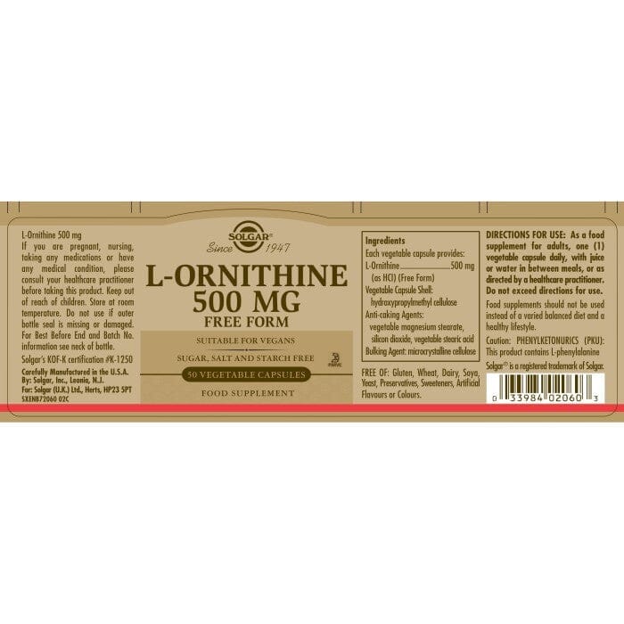 Solgar® L-Ornithine 500 mg Vegetable Capsules - Pack of 50 Solgar