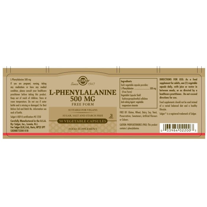 Solgar® L-Phenylalanine 500 mg Vegetable Capsules - Pack of 50 Solgar